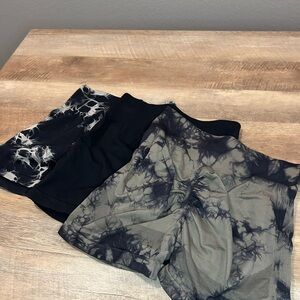 Black and Olive Tie-Dye Workout Shorts Trio